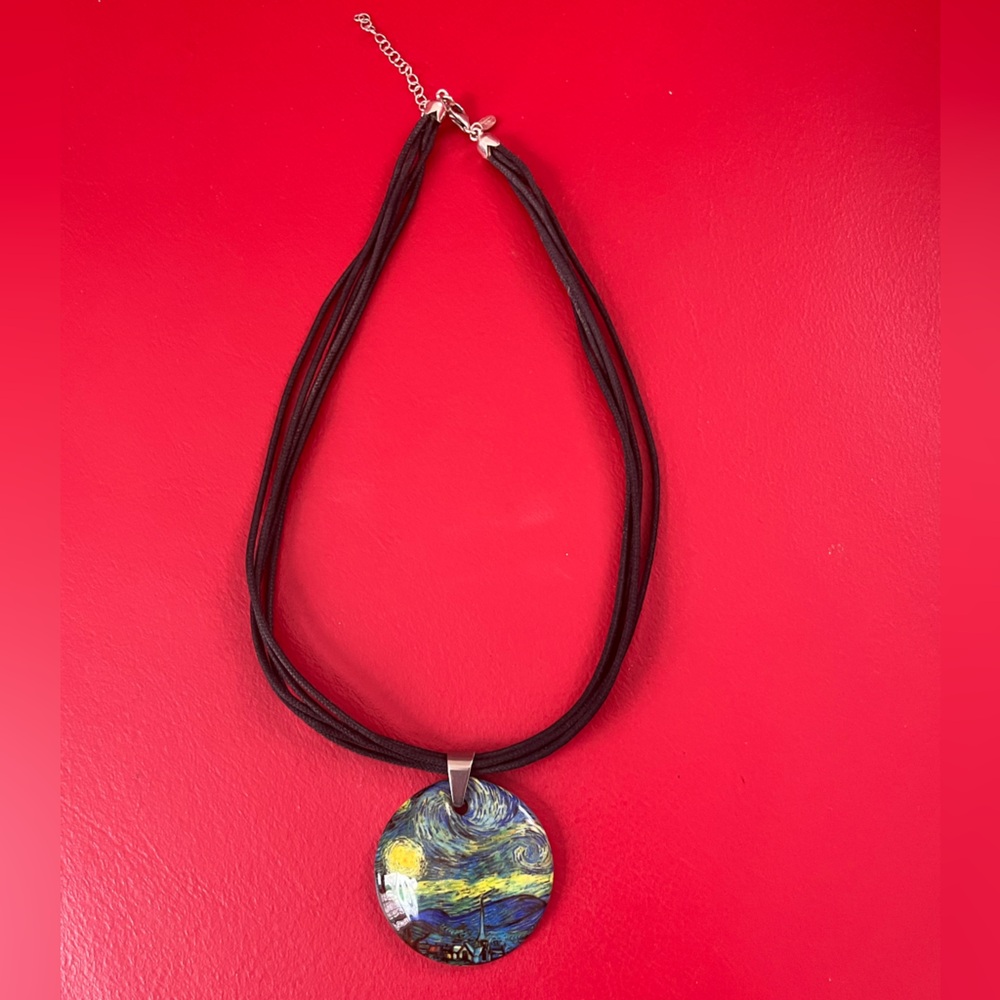 MURANO GLASS VAN GOGH ON DYADEMA BLACK silk CORD and silver NECKLACE. Italy